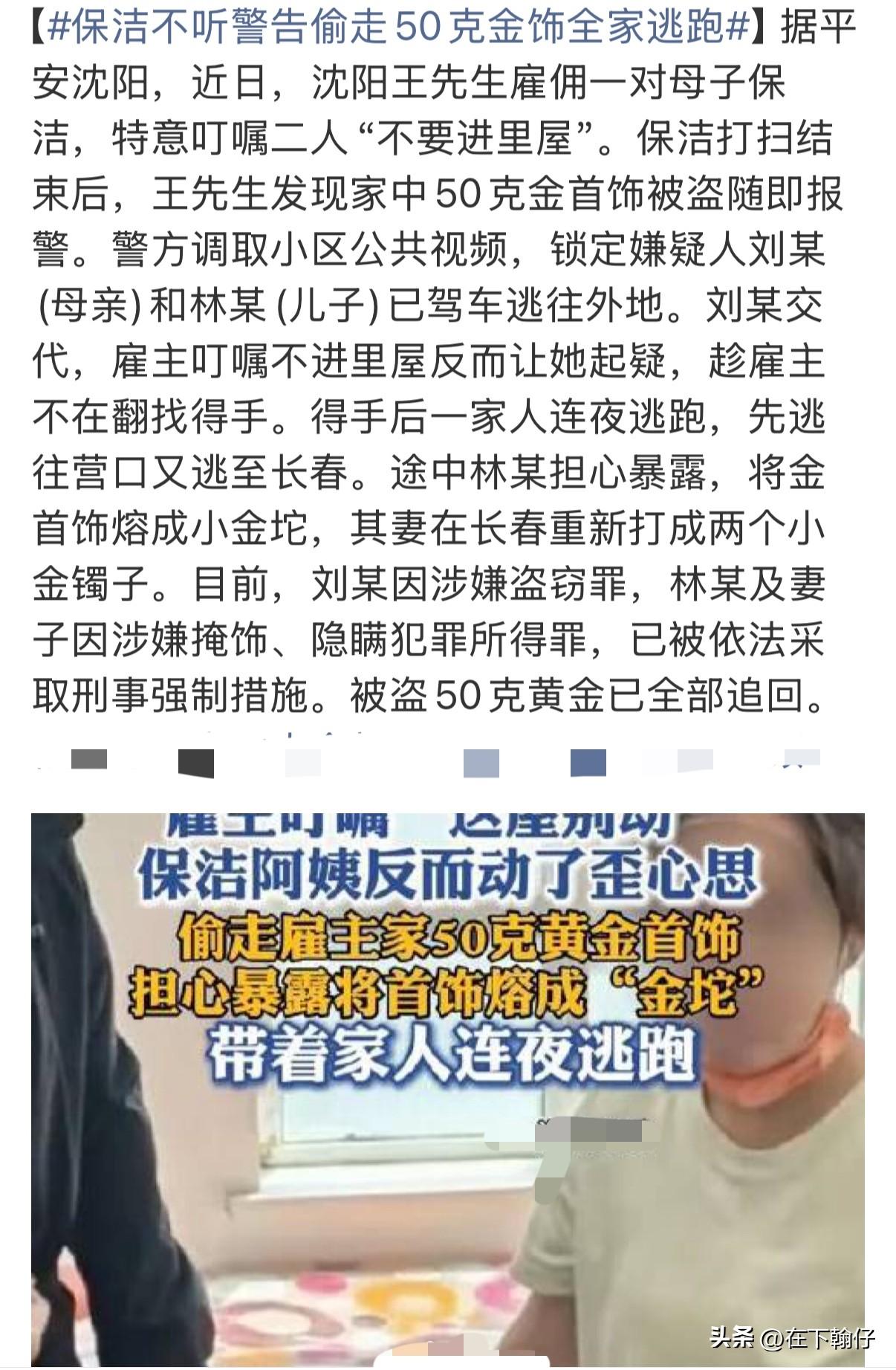 沈阳一对母子保洁，只因雇主特意叮嘱“不要进里屋”反心生贪念，盗走50克金饰后带着