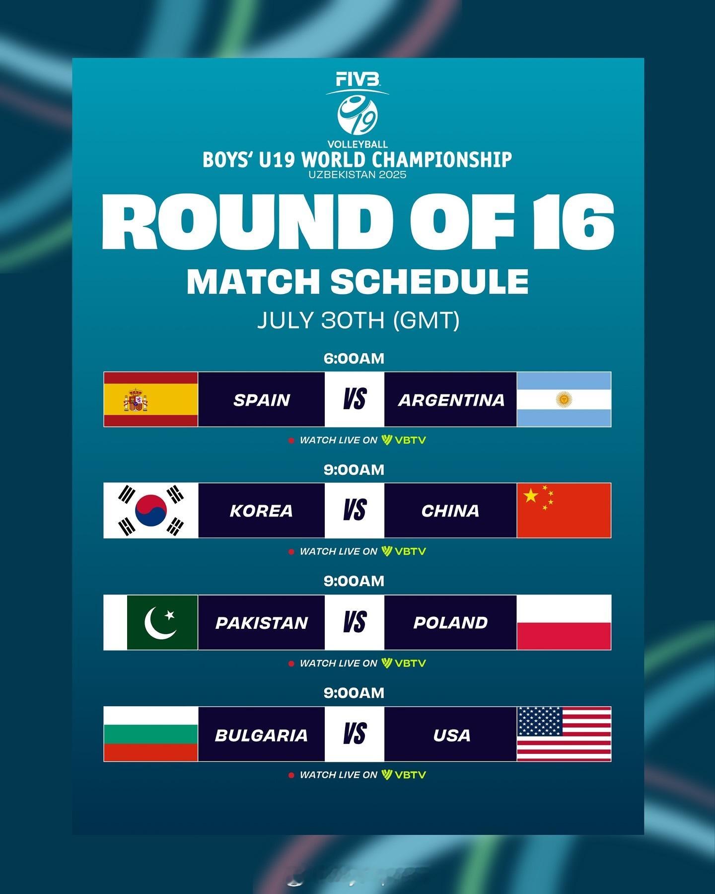 【U19男排世锦赛16强对阵形势：中国vs韩国】国际排坛动态 7月29日塔什干，