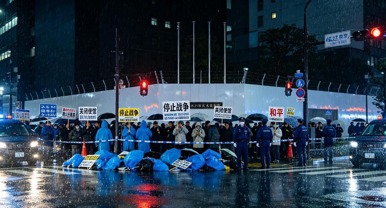 雨夜东京，爆发抗议
 
当地时间9月8日晚上，一百多名日本民众冒着大雨，聚集在东