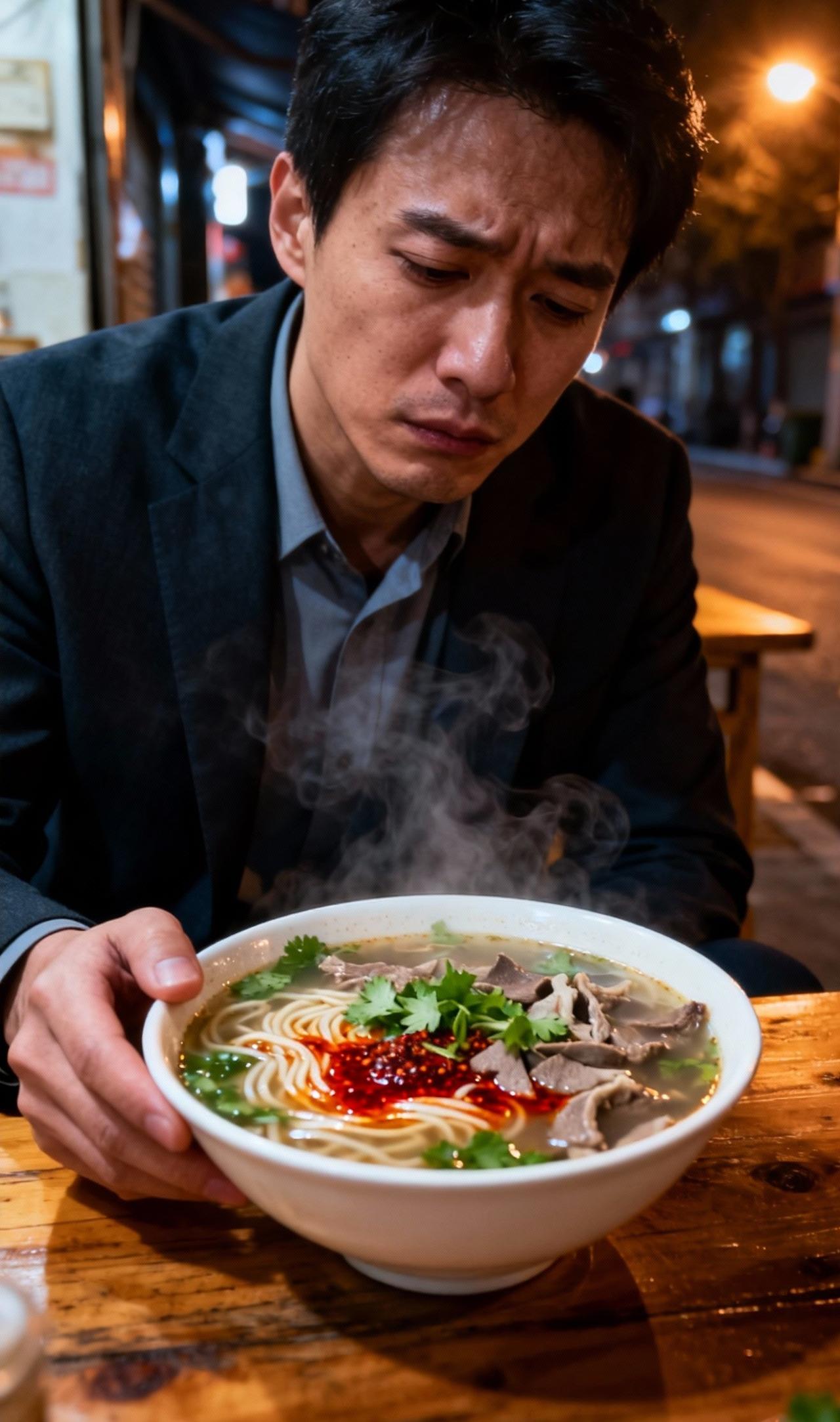 冬日三餐打卡在深夜的街角小店里，一位疲惫的上班族坐在简朴的木制桌前，手中端着一碗