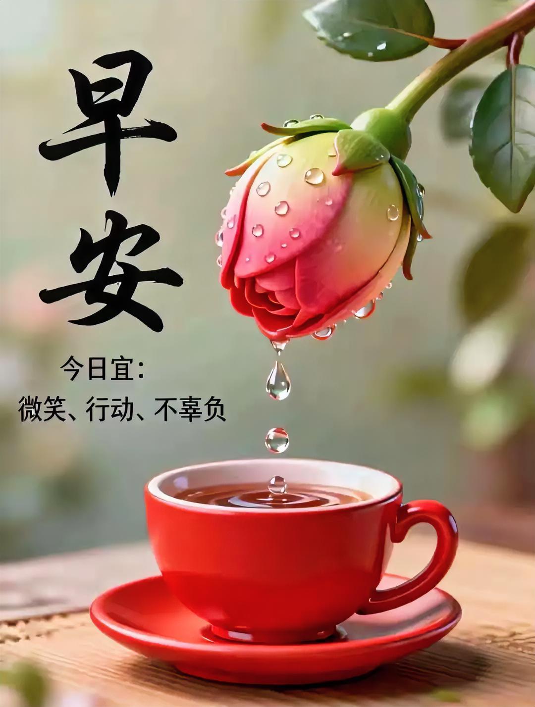 早安呀！带着露珠的花朵悄悄滴落，把好运注入你的红杯子，今日宜微笑行动，莫负好时光