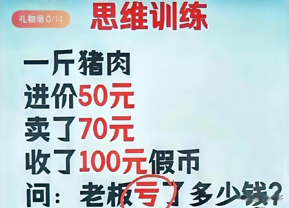 思考有点意思 : 一斤猪肉，进价50元，卖了70元，收了100元假币，请问老板亏
