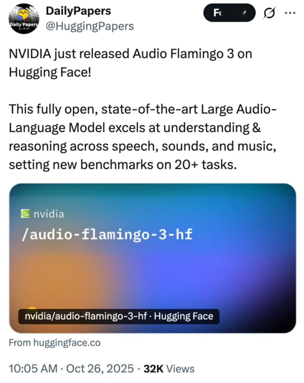 刚刚，NVIDIA在 Hugging Face 放出了最新的 Audio Fla