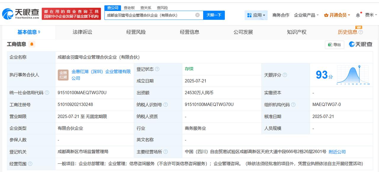 出资额约2.45亿
天眼查App显示，近日，成都金羽壹号企业管理合伙企业（有限合