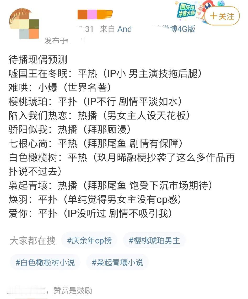 网友预测2025年十部最让人期待的现偶剧剧播情况，你赞同吗？
其实《樱桃琥珀》应