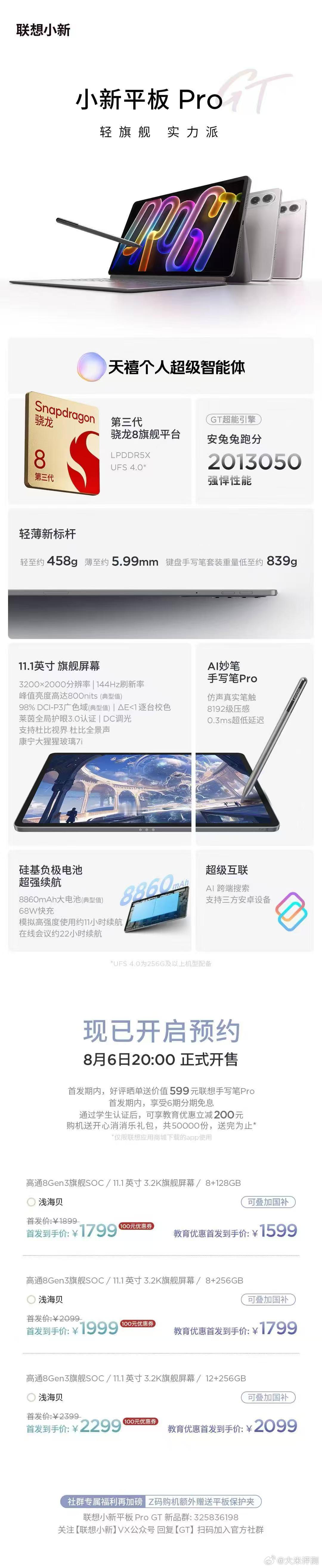 小新Pad  Pro GT 价格出来了，骁龙8Gen3，11.1英寸144Hz高