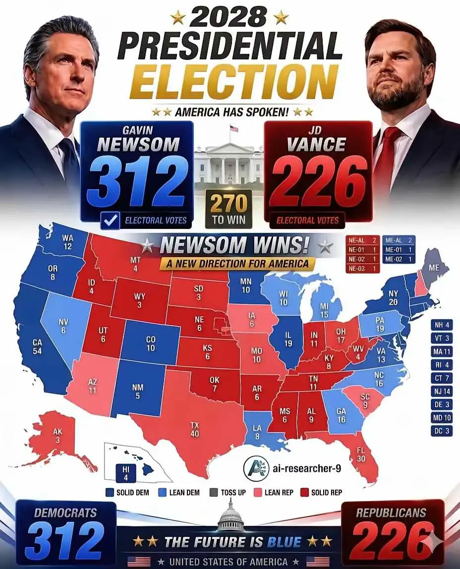 2028美国人开始大选模拟结果出炉，纽森拿下312张选举人票，击败万斯...