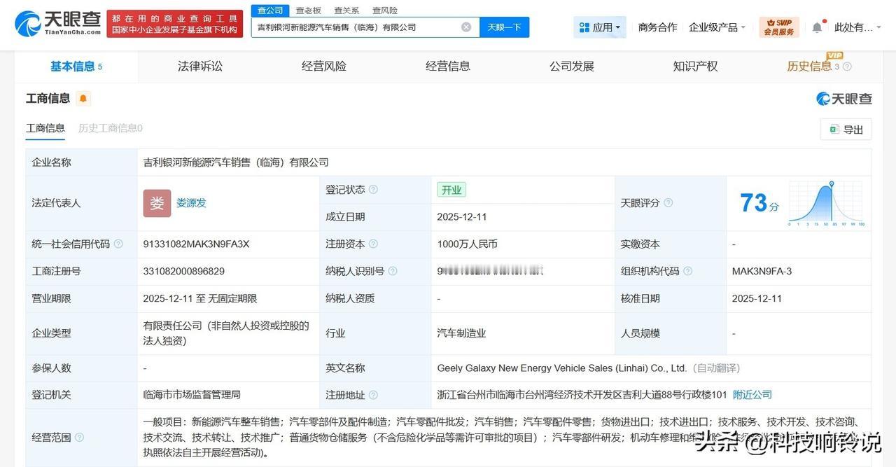 【吉利在浙江临海成立新能源汽车销售公司 注册资本1000万】
天眼查App显示，