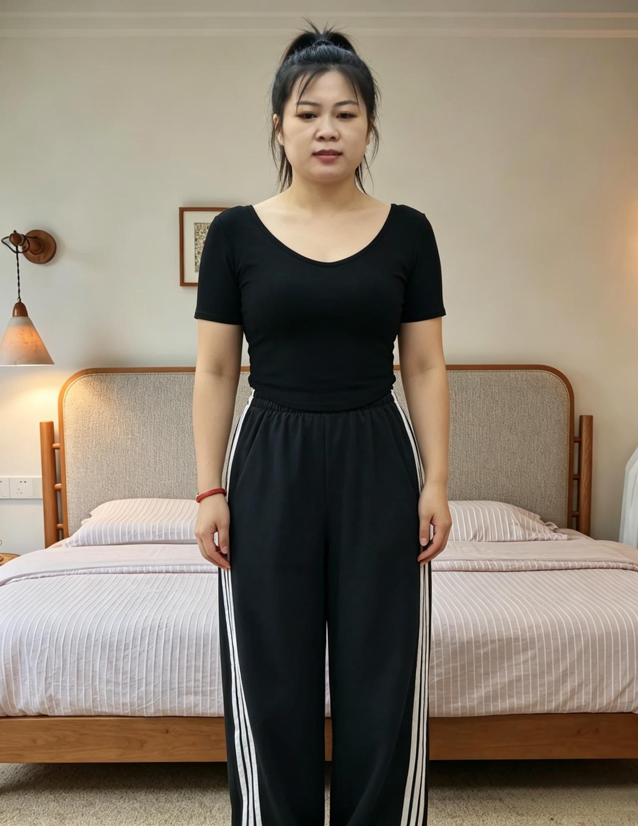 乌衣素影立闲庭，眉眼天然自俊明。
莫道人间无绝色，清姿不必借丹青。