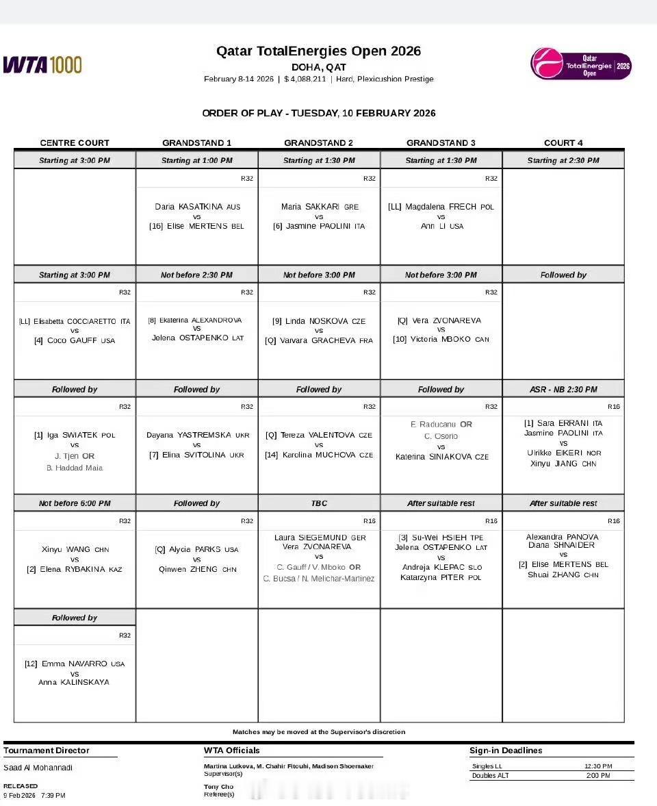 【多哈】2月10日赛程郑钦文出战单打蒋欣玗出战双打 