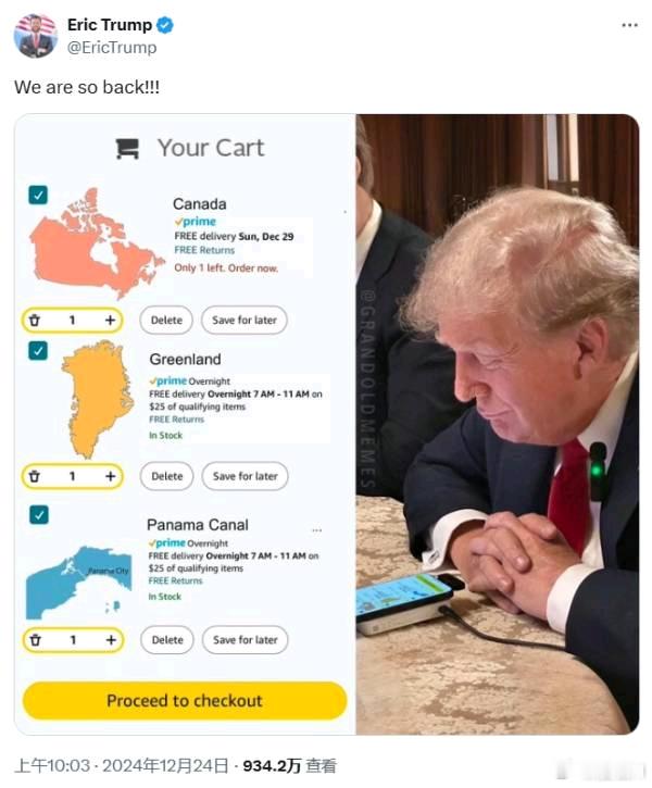 【特朗普购物车：加拿大、格陵兰岛、巴拿马运河】当地时间12月24日，特朗普次子埃