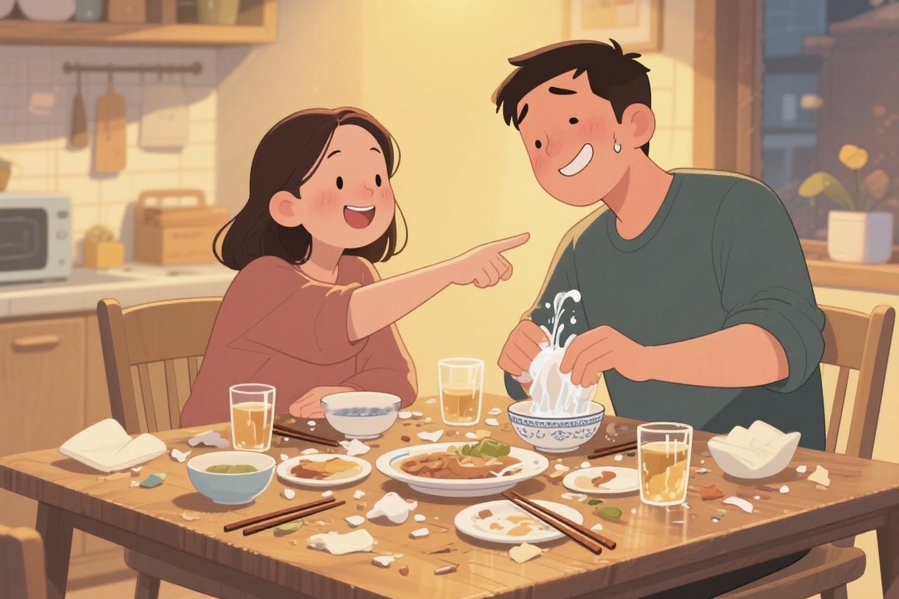 老婆饭后不想洗碗
于是对老公说了4个字
结果……
吃饱喝足，老婆躺着不想动
于是