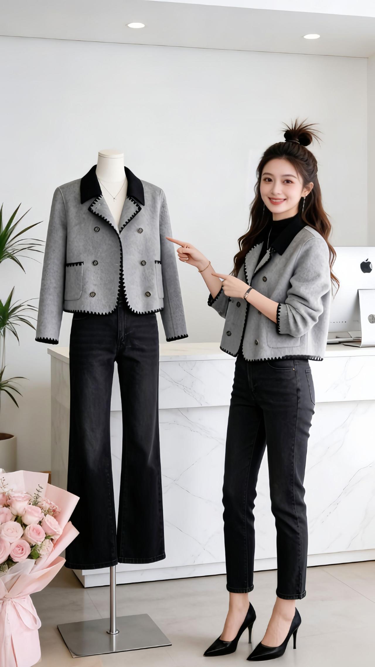 Danny的韩系小香风穿搭太圈粉啦！这款灰黑撞色短款小香风外套设计感拉满，撞色波