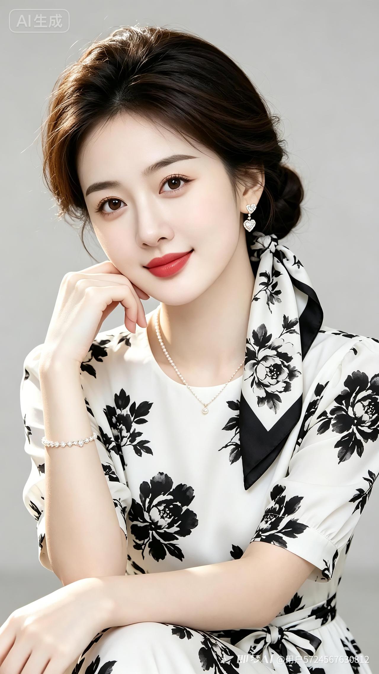 东亚温婉女子棕发低盘，水墨丝巾别致典雅。真丝牡丹收腰长裙衬身姿，轻托下巴温婉含笑