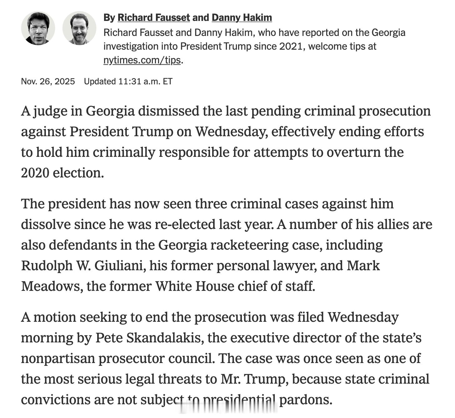 乔治亚州法官周三驳回了针对川普尚未结案的最后一项刑事指控，该案指控他试图推翻在该