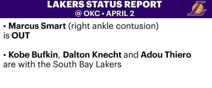 湖人对阵雷霆伤病报告：斯玛特（右踝挫伤）缺阵巴夫金、克内、阿杜在南湾湖人。杰威、