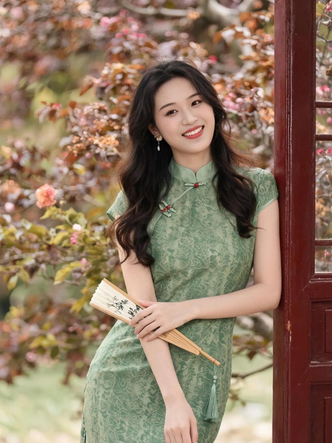 在复古的光影里，旗袍的优雅与绿意交织，仿佛时光倒流，诉说着旧时光的故事。窗棂外的