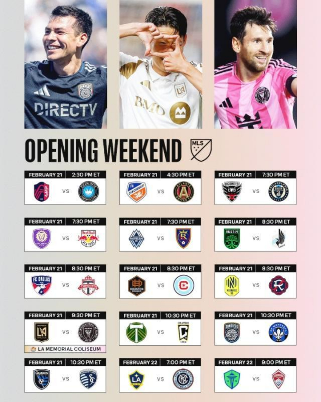 11月21日美职联公布2026赛季常规赛赛程，新赛季将于2026年2月21日开始