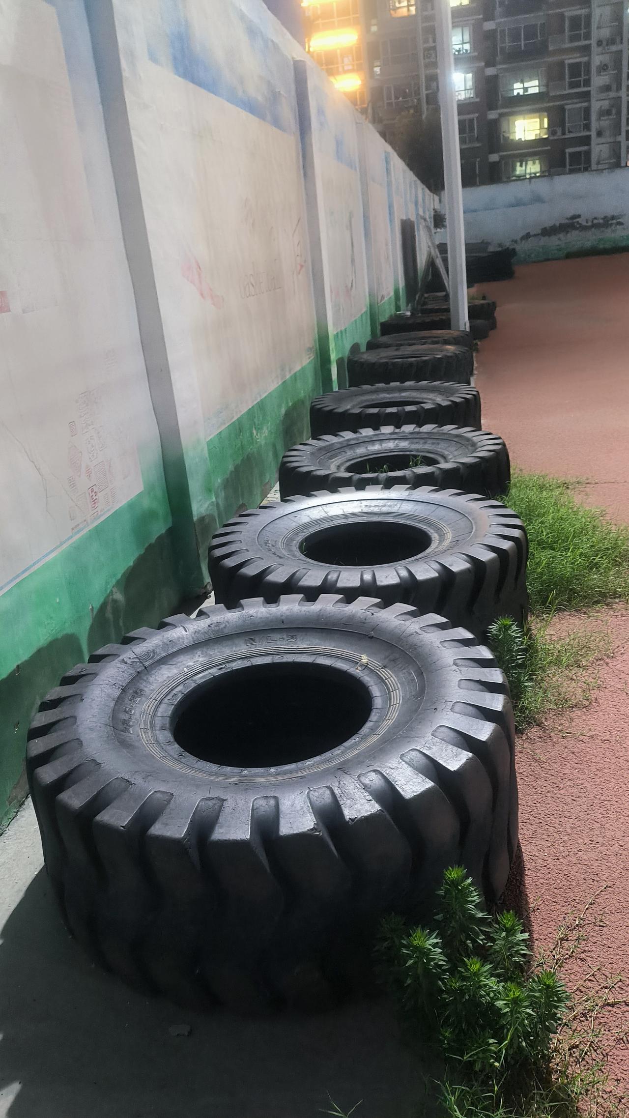 今晚到七一路体育局院内的二体校运动场散步，又有新发现：操场的墙边有一溜大小不一的