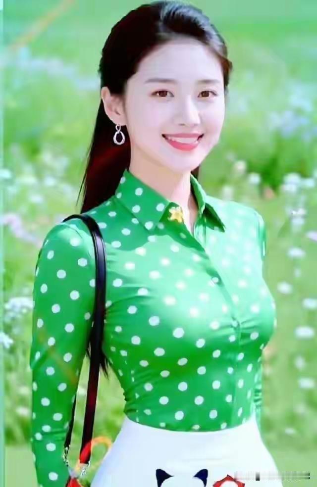 这位女士穿着绿色点点上衣，笑容甜美。