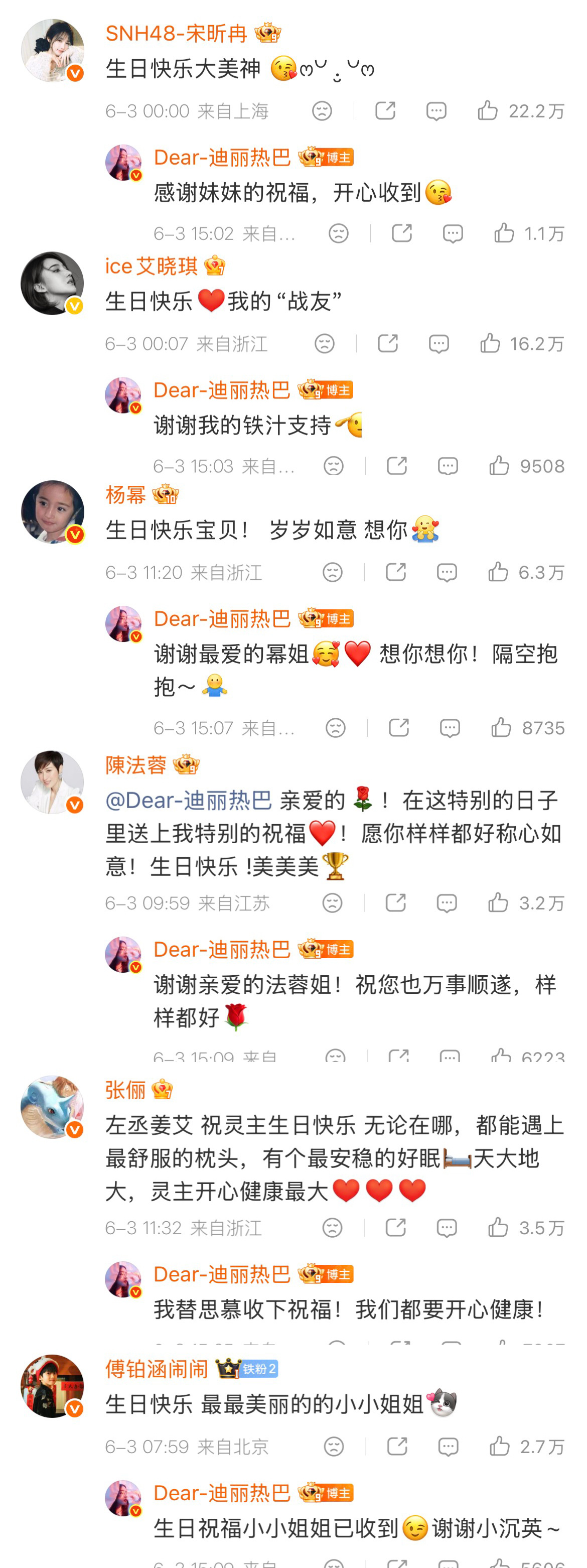 【迪丽热巴感谢杨幂祝福】杨幂迪丽热巴互道思念6月3日，是演员34岁生日，、等多位