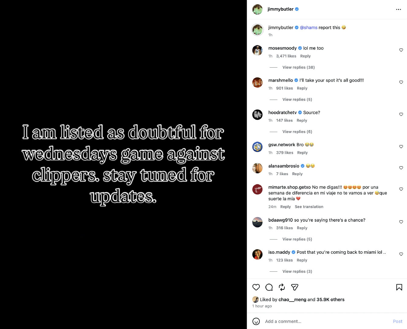 #巴特勒整活称附加赛有望复出#吉米-巴特勒更新个人社交媒体，发布了一则搞怪动态：