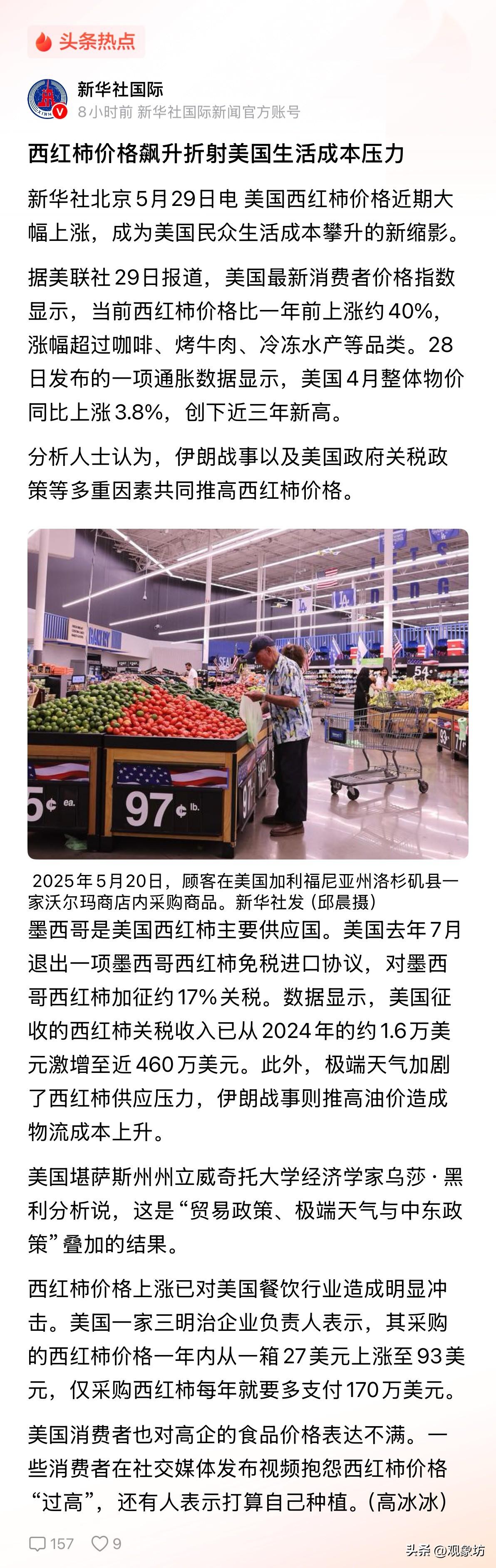 西红柿正在成为美国通胀的新代言人。

一年涨了四成。美国劳工部的最新数据显示，西