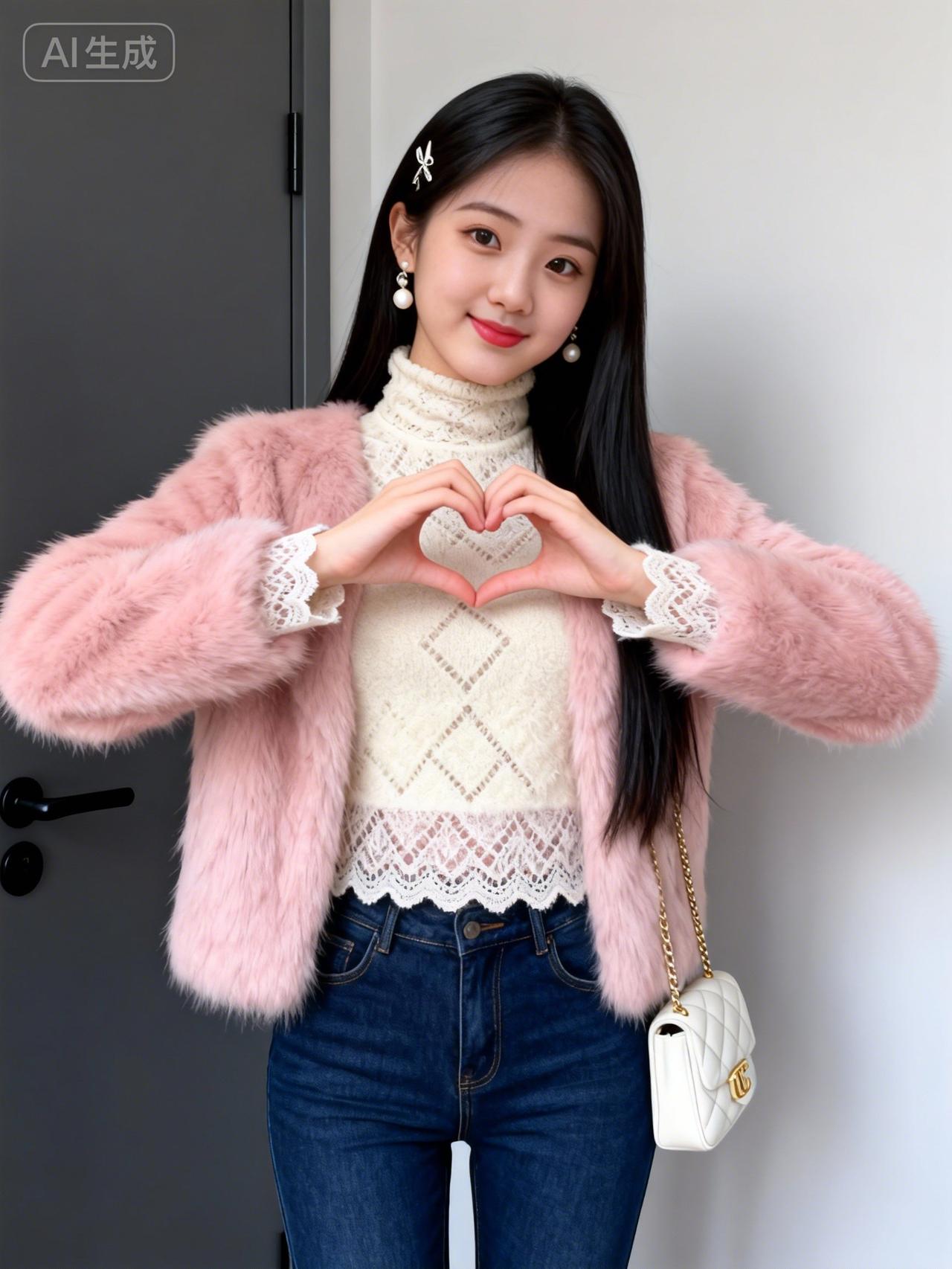 △桃腮含笑露温柔，粉袂轻扬意未休。
​
△轻拢粉絮裁云袖，笑捻芳心结素手。
​