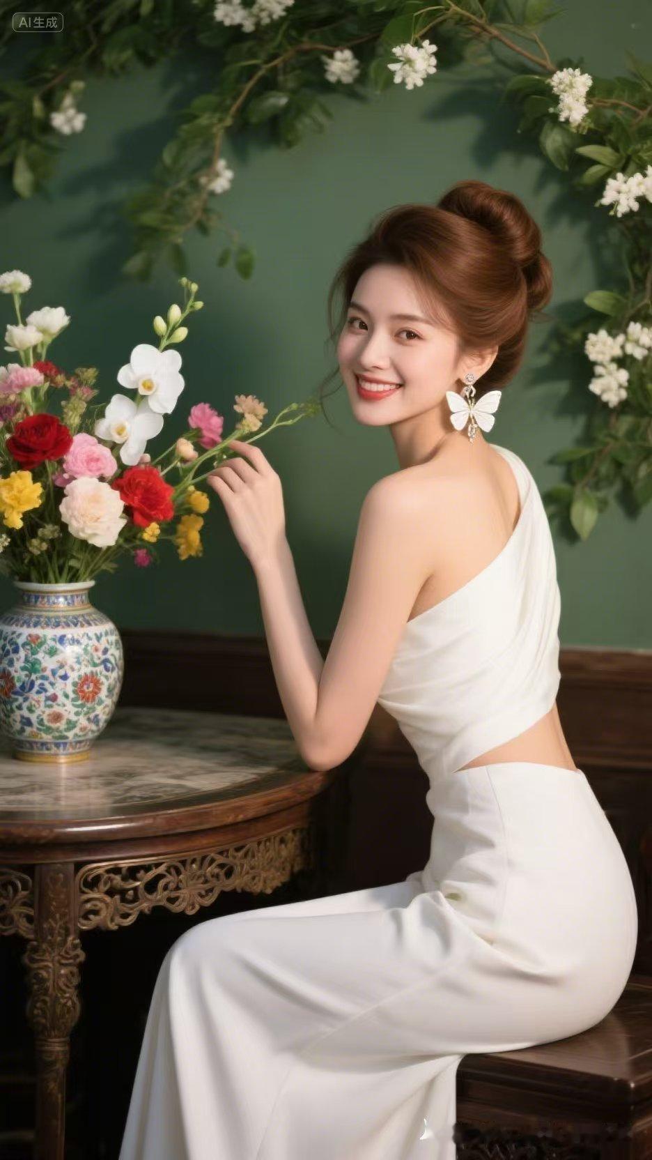 少女身着雅致白色单肩长裙，精巧蝴蝶耳饰灵动点缀，花间俏皮回眸一眼惊艳。清风拂动裙