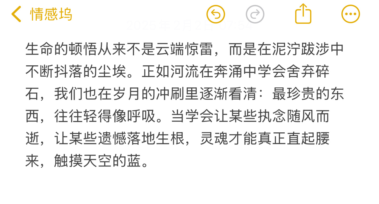 生命的顿悟从来不是云端惊雷，而是在泥泞跋涉中不断抖落的尘埃。正如河流在奔涌中学会