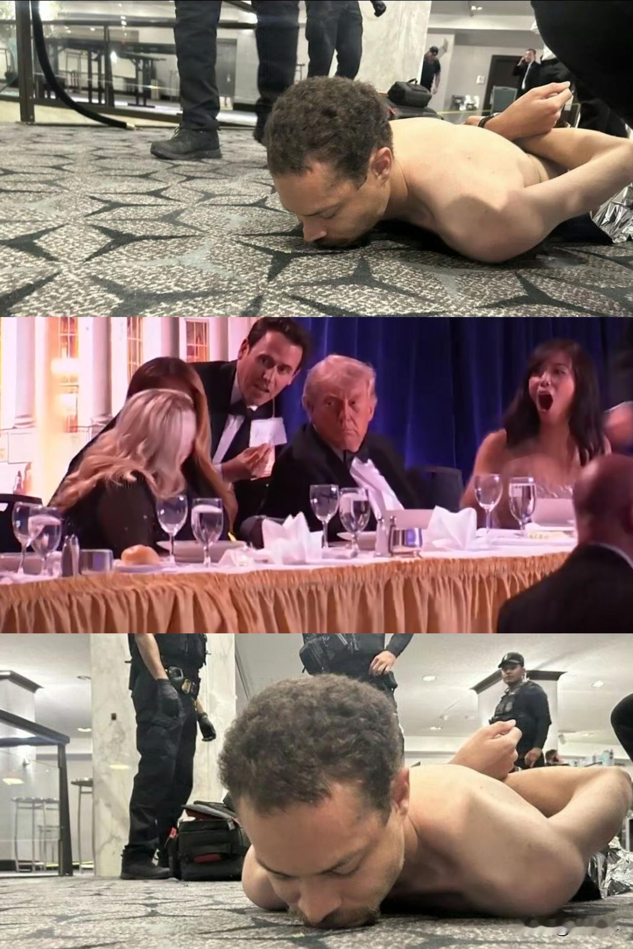 白宫晚宴被枪声打乱，特朗普躲桌子下避险，现场乱作一团，一名穿防弹背心的警官被击中