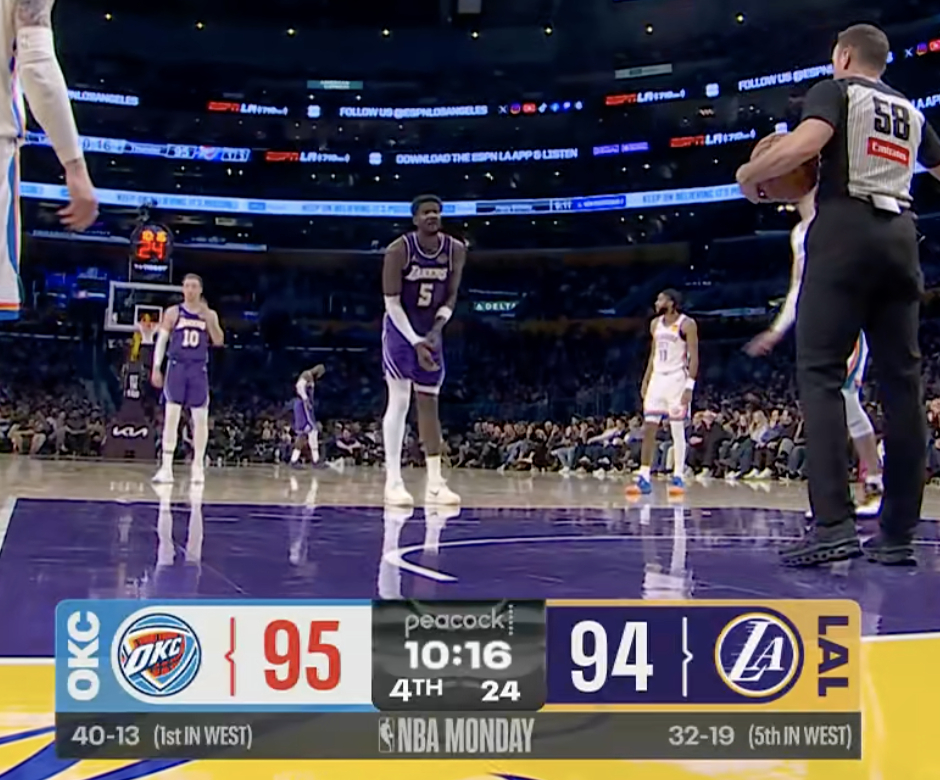 艾顿两罚不进今天罚球3中0没啥哨子，太久没上罚球线 雷霆vs湖人