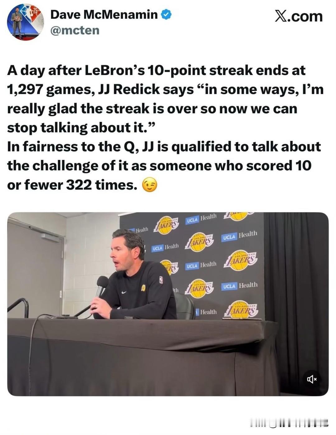 詹姆斯连续得分上双纪录算不算成就？听听湖人主帅雷迪克怎么说？
雷迪克：“在某种程