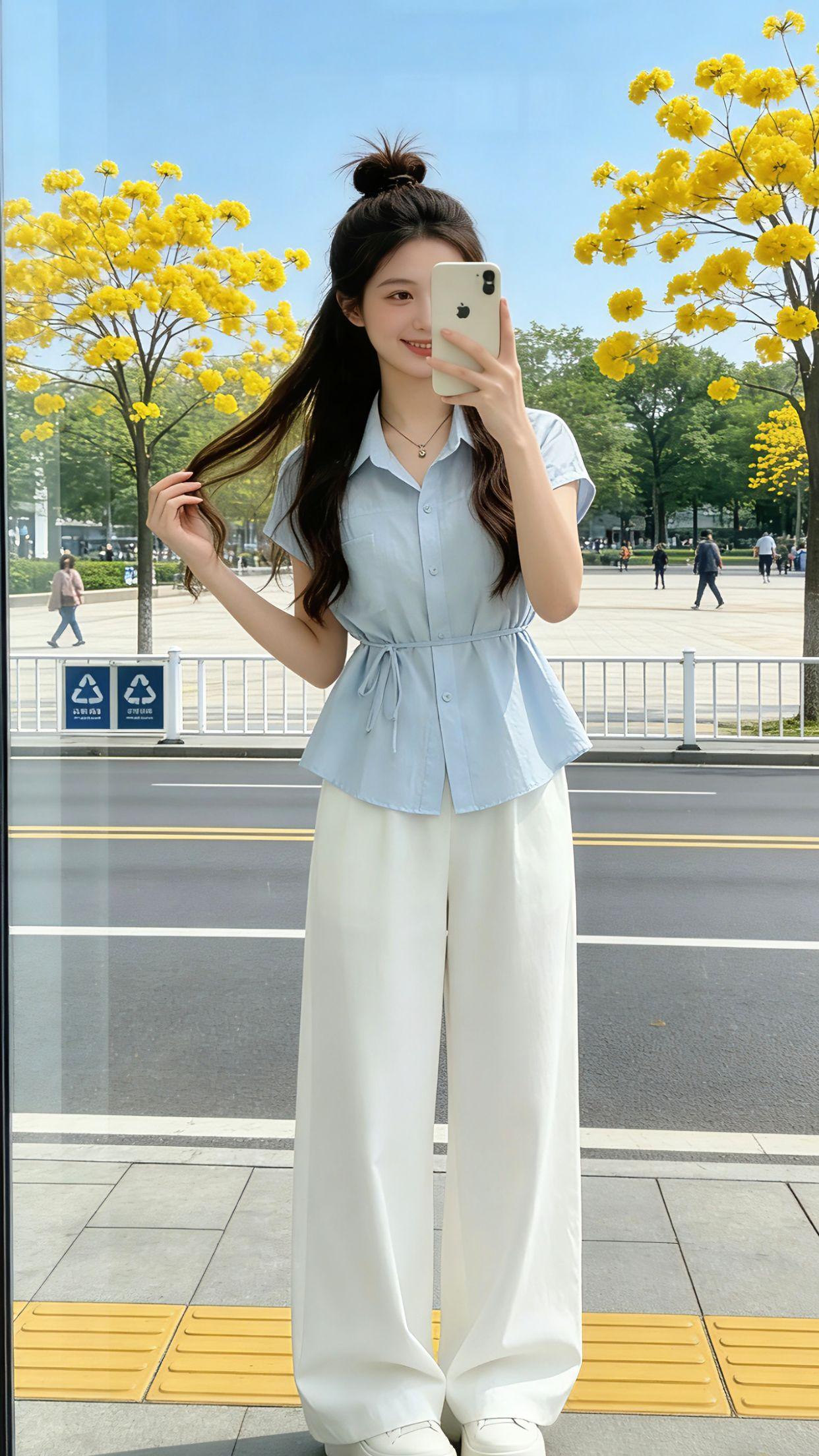 夏天的本命通勤套装终于找到了！清透的浅蓝短袖衬衫，带了温柔的收腰设计，刚好掐出腰