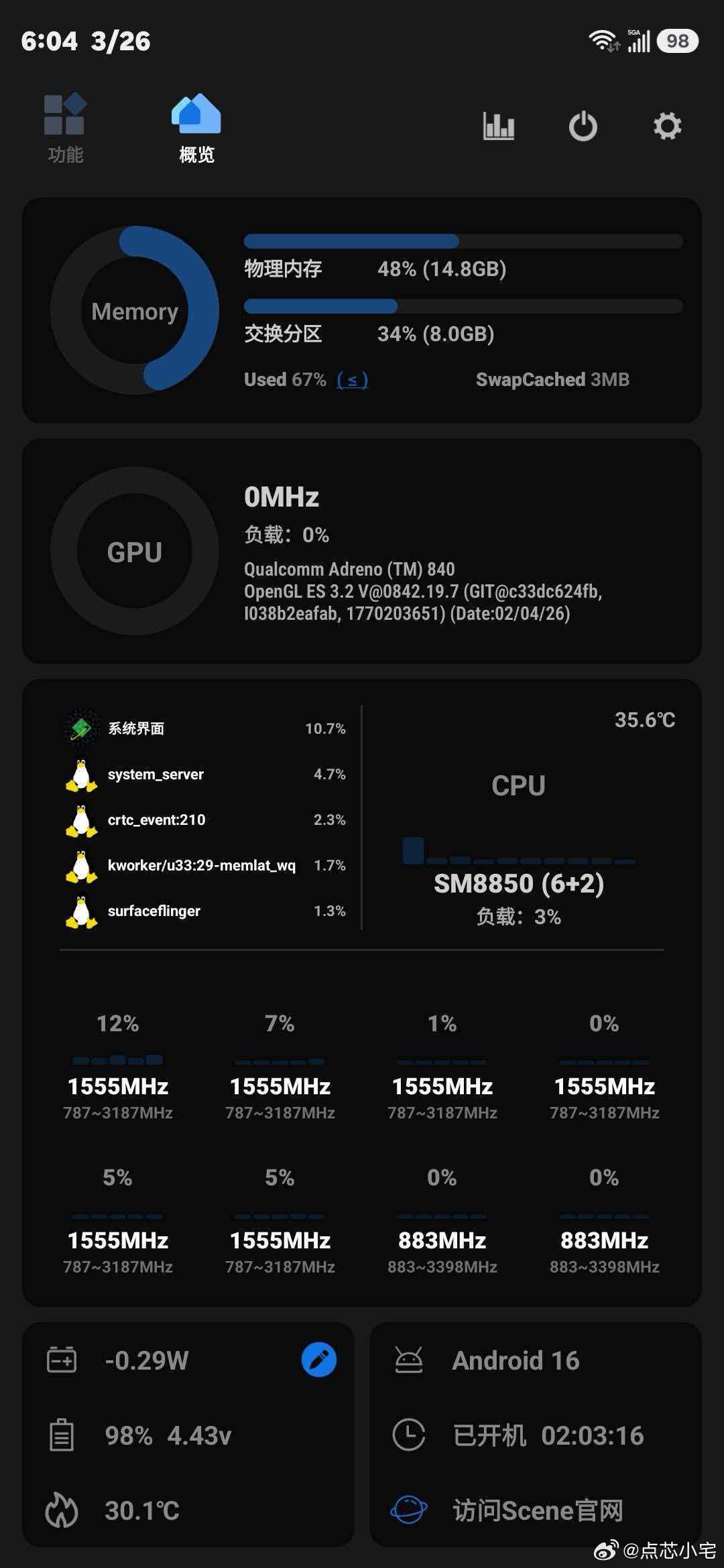 也不知道是三星的屏幕省电，还是这代至尊5低频能效好，这黑色模式一开，静息功耗就没