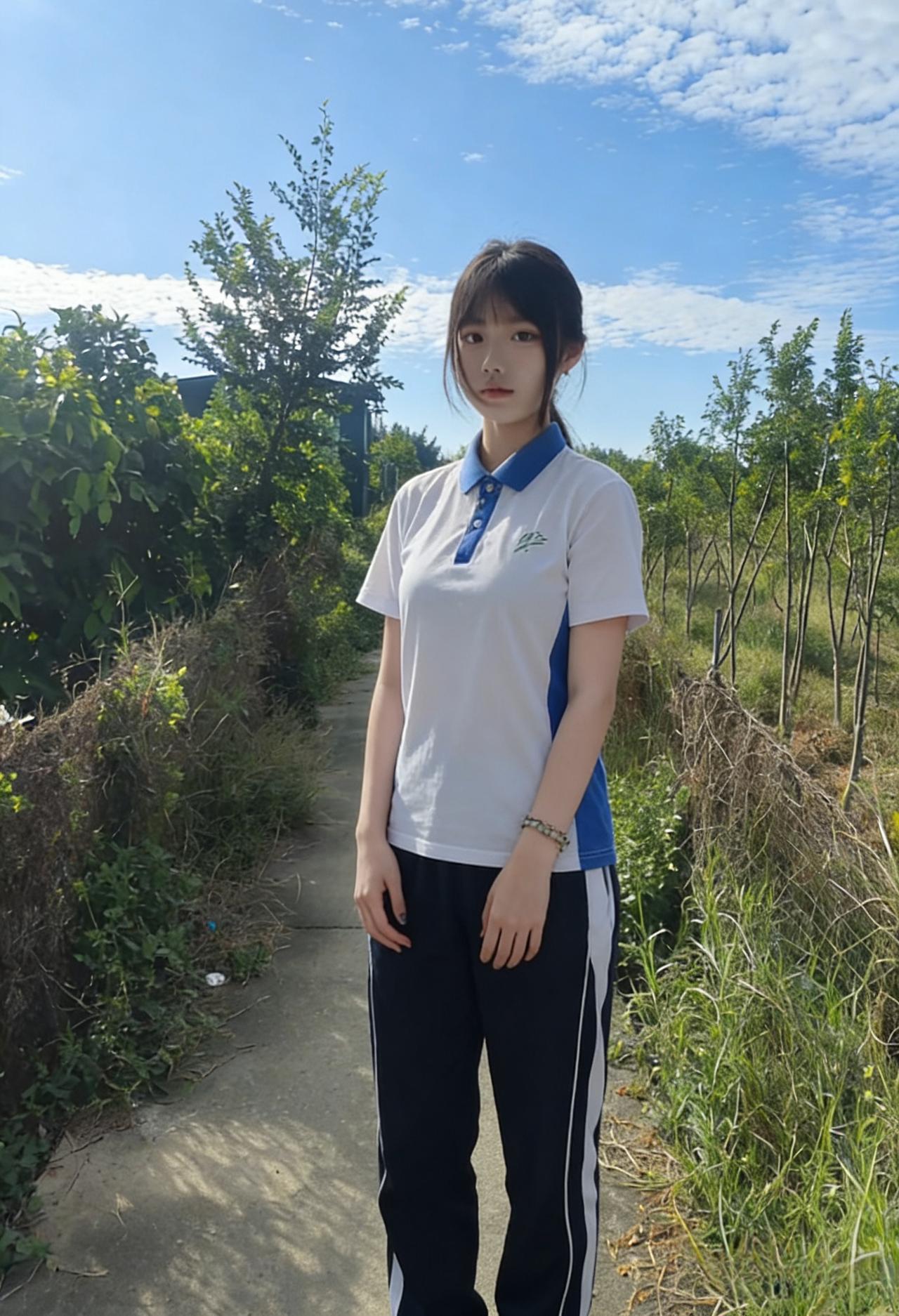 晴光铺野径，蓝白映青春。
立处风微动，眸中藏月轮。