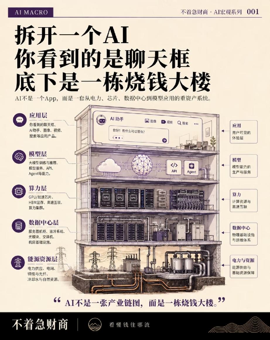 肉眼看到的AI只是聊天窗口，底下是五层烧钱大楼。
从应用、大模型、算力芯片、机房