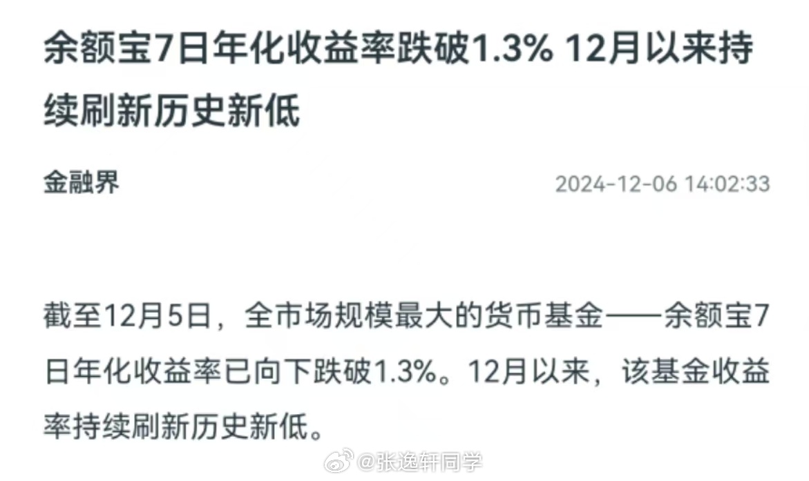 新低！余额宝7日年化收益率跌破1.3%比国债逆回购低这么多？ 