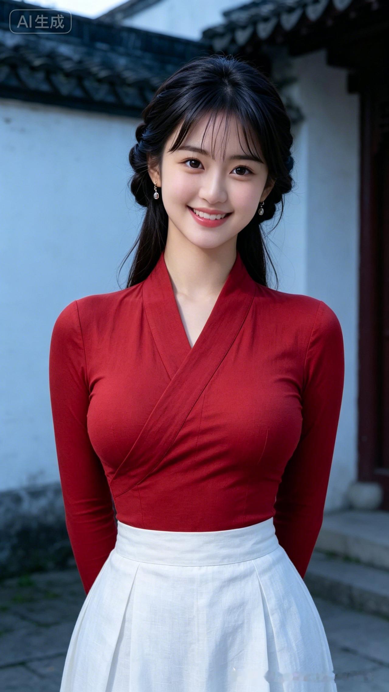 古风少女，红衣白裙，笑靥如花