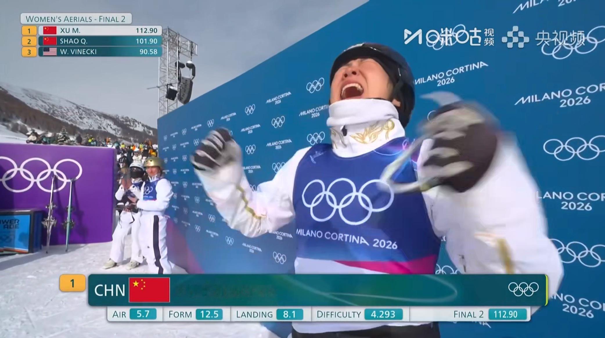 自由式滑雪女子空中技巧决赛徐梦桃决赛一跳112.90分，暂时第一！ 