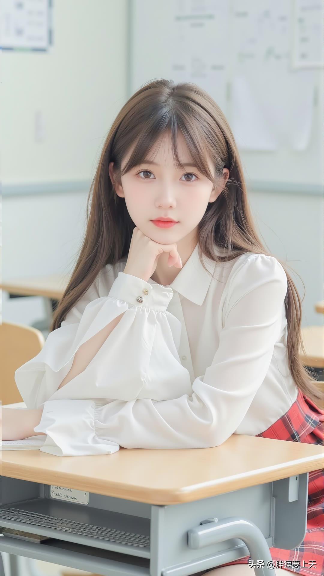 女孩身着校服，清新自然，如同初夏的阳光，洋溢着青春的活力。精致的领结和制服裙摆，