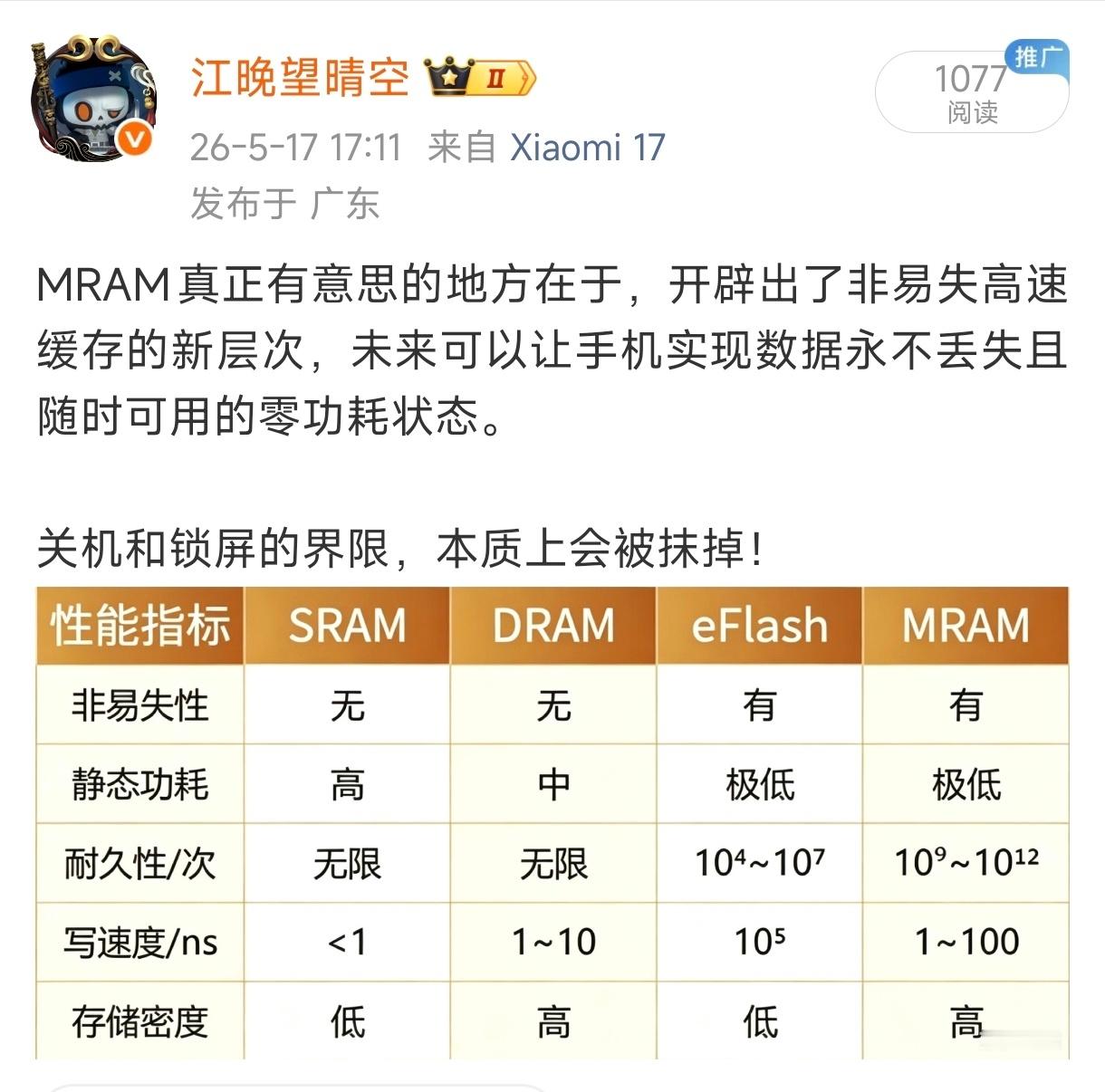 说人话就是: MRAM比DRAM快1000倍，断电不丢数据，还几乎写不坏！熄屏时