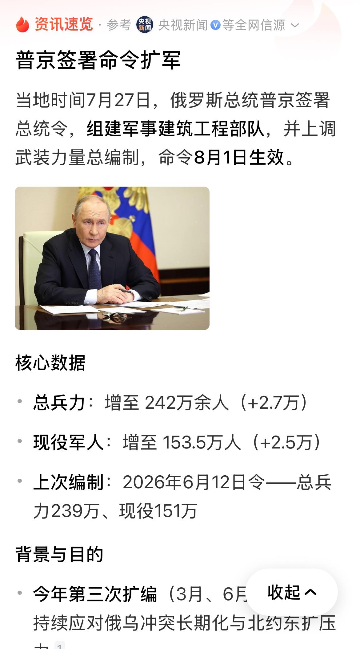 俄罗斯又要扩军了，现役部队增加2.5万人。
今年以来，俄罗斯已经三次扩军了，看来