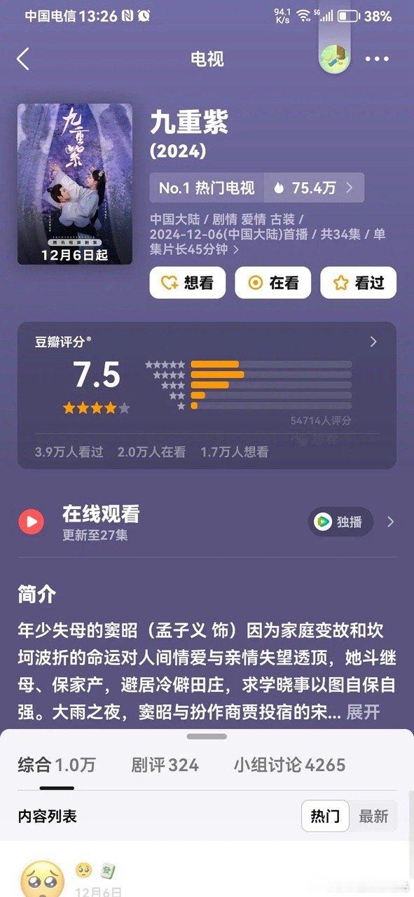 九重紫豆瓣开分7.5 九重紫豆瓣开分了，7.5！ 