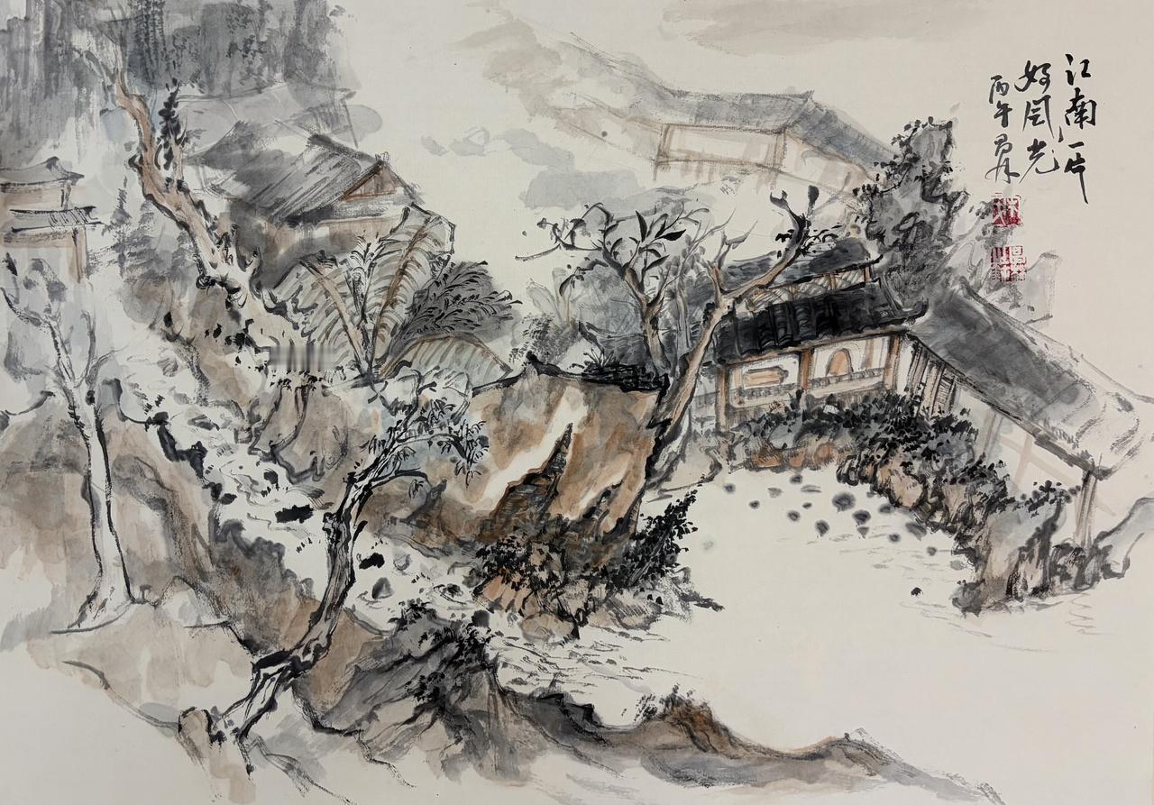 宋昌林山水小品（四尺三开）中国写意山水 水墨村居意境 水墨村居 江南写意山水