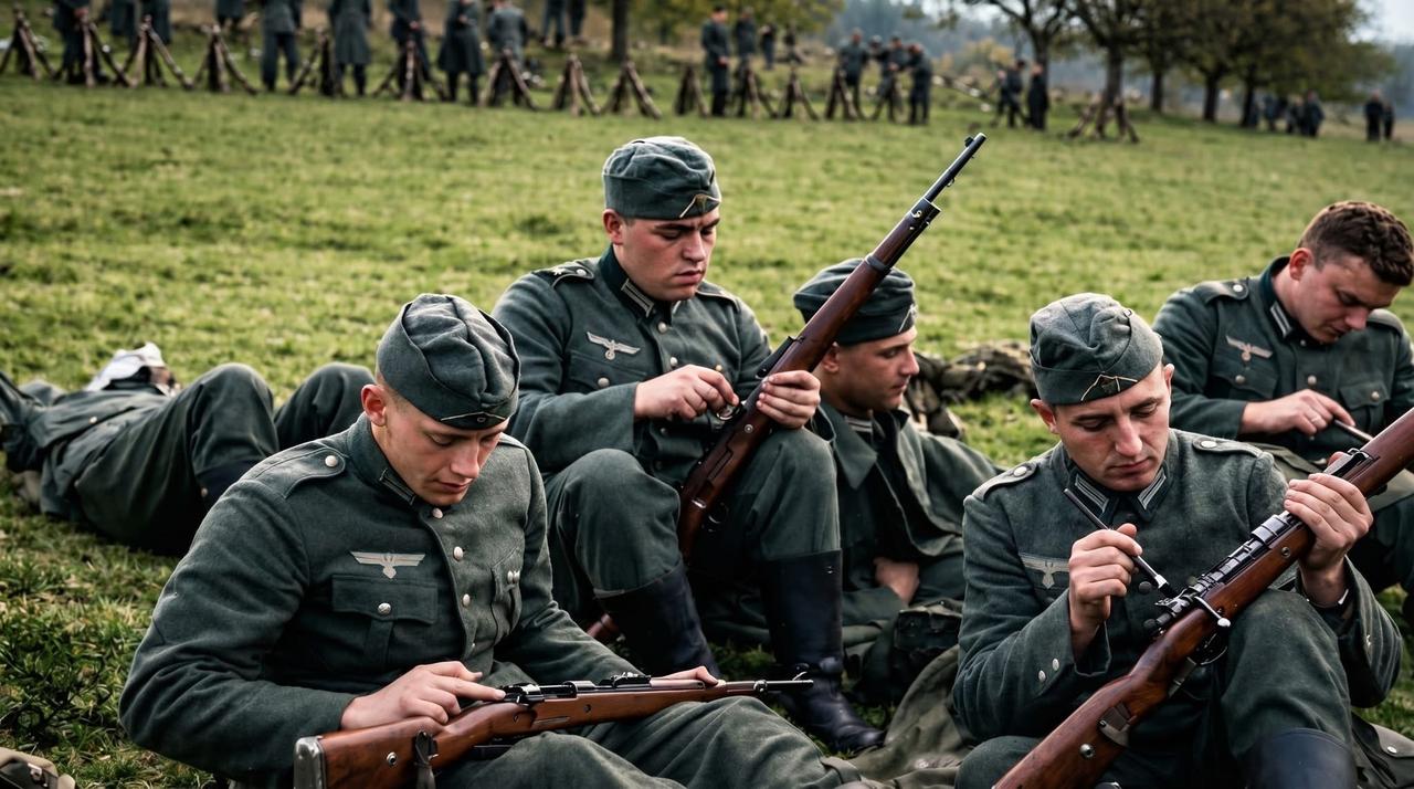 二战德军士兵正在作战间隙检修清理Kar98 毛瑟步枪！看穿着应该是当时的德国国防