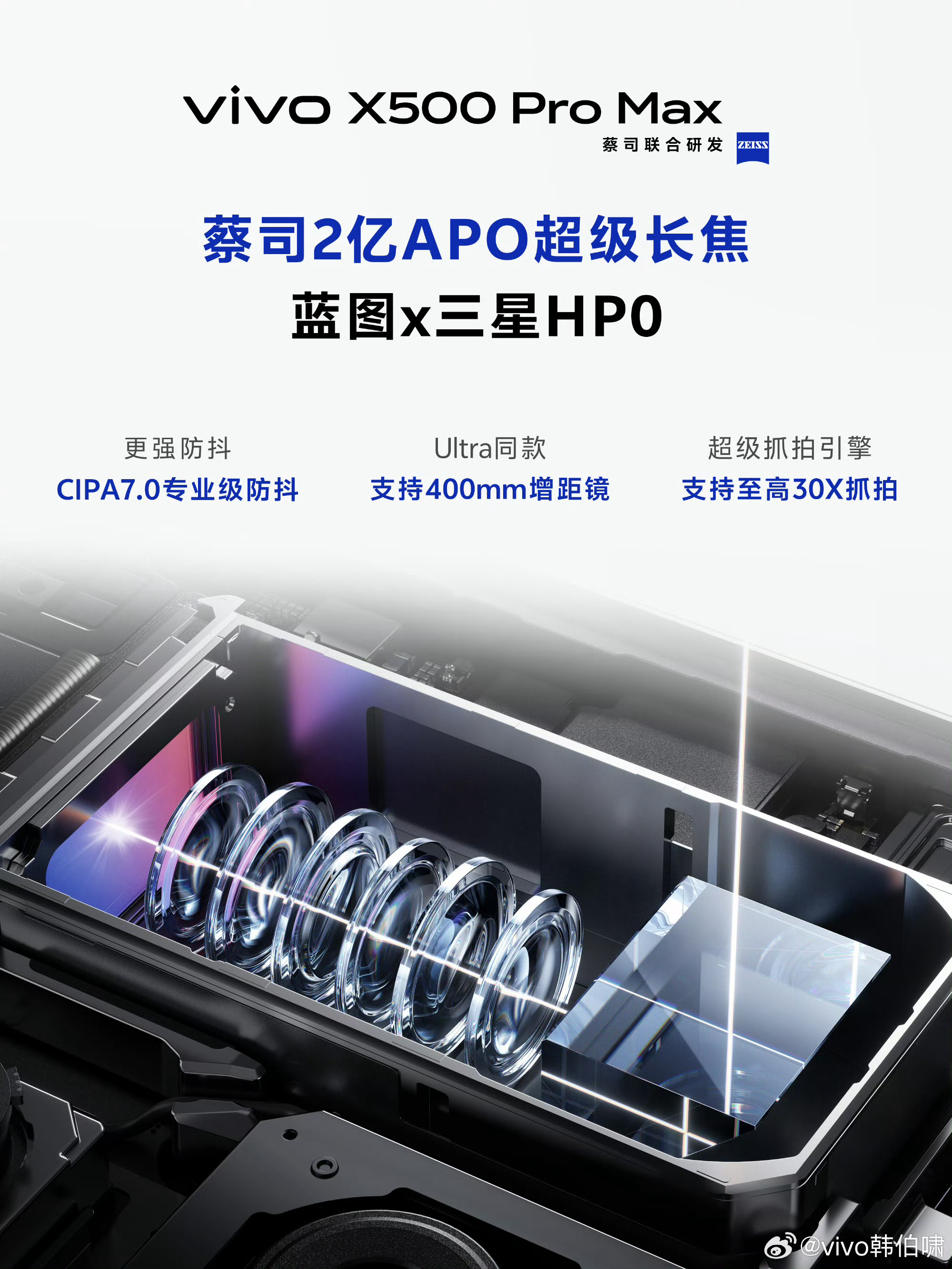 vivo X500 Pro Max用上蔡司2亿APO长焦，1/1.4蓝图✖️三星
