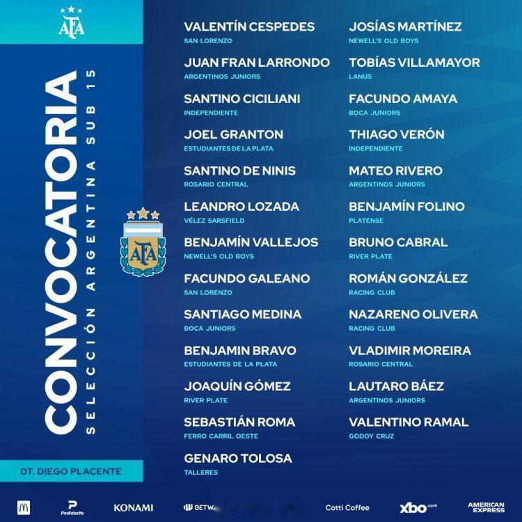 📋🇦🇷 迭戈·普拉森特征召的25名阿根廷 U-15 国家队球员。他们将和美