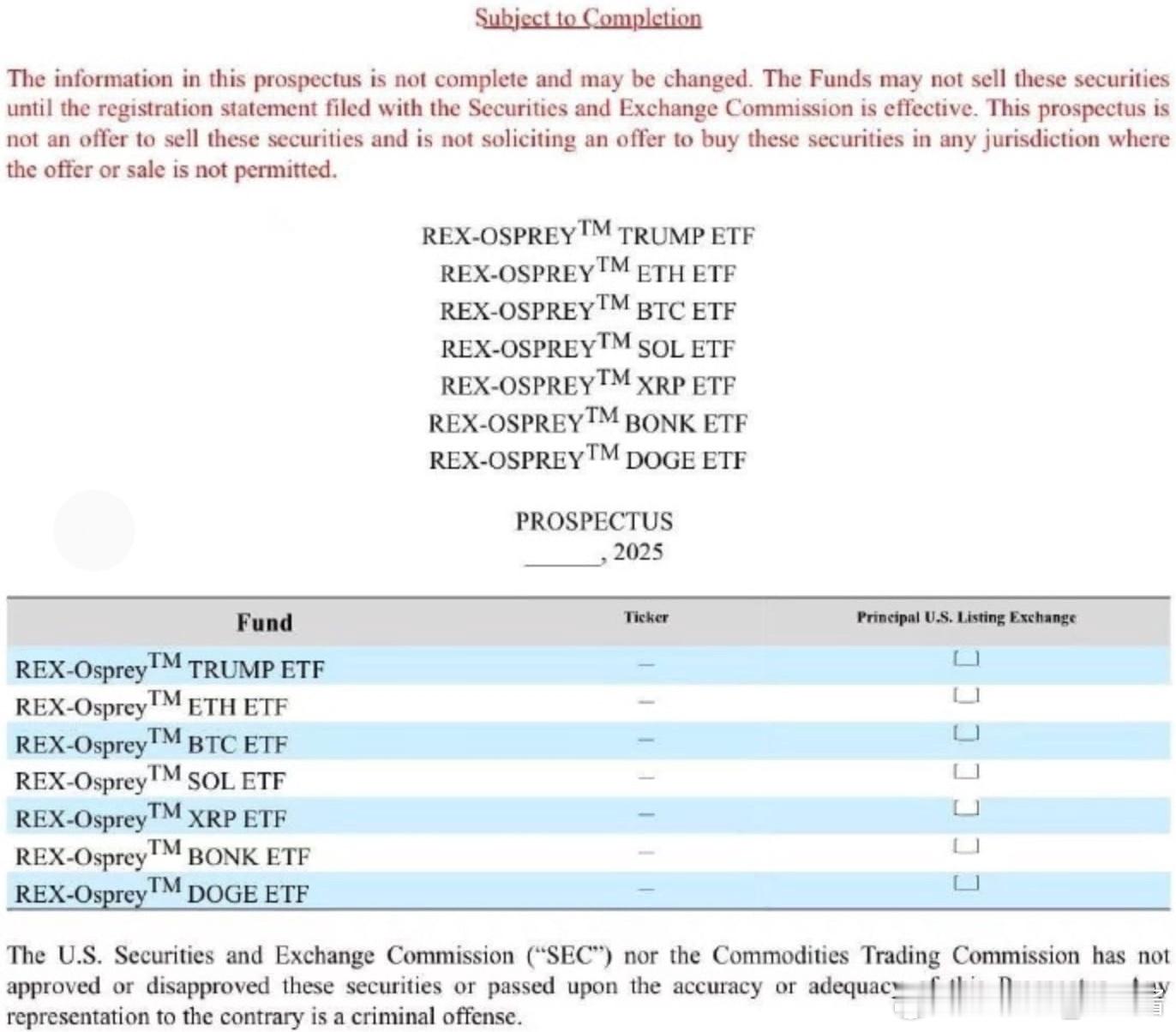 比特币数字币[超话]   SEC刚发布了一堆山寨ETF申请的报告，其中包括$TR