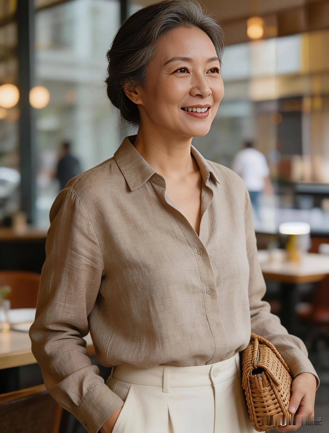 今天穿这件燕麦色亚麻衬衫出门，邻居大姐见了就说：“你这件衣服看着好舒服啊！”
 